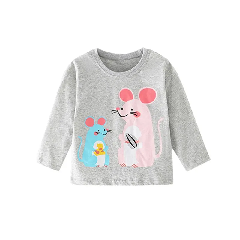 Girls New Cartoon Print Long Sleeve  Cotton Tops - Turquoise, Grey
