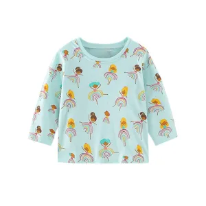 Girls New Cartoon Print Long Sleeve  Cotton Tops - Turquoise, Grey
