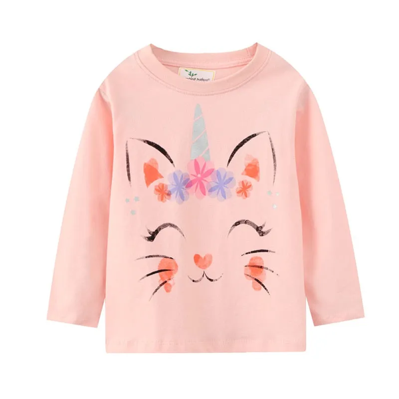 Girls Peachy Cat Print Long Sleeve Cotton Top