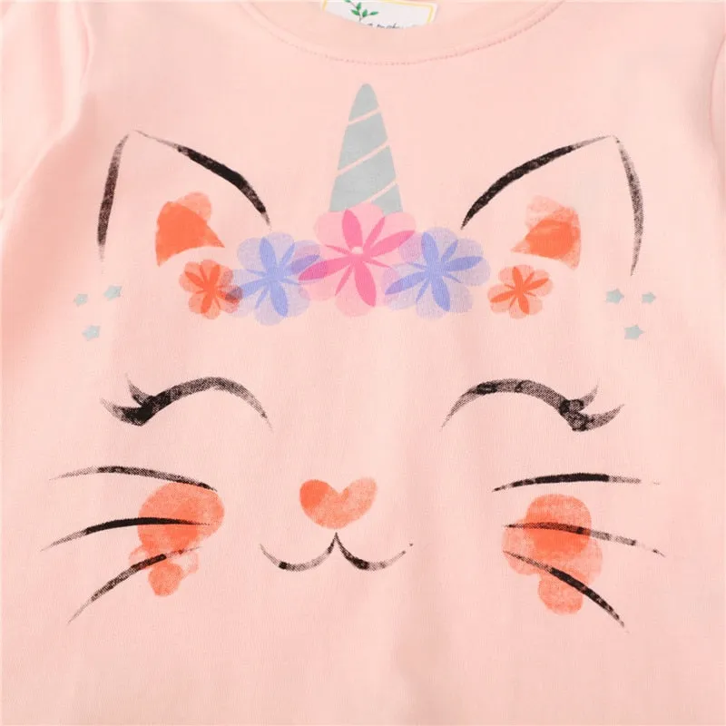 Girls Peachy Cat Print Long Sleeve Cotton Top