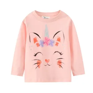 Girls Peachy Cat Print Long Sleeve Cotton Top