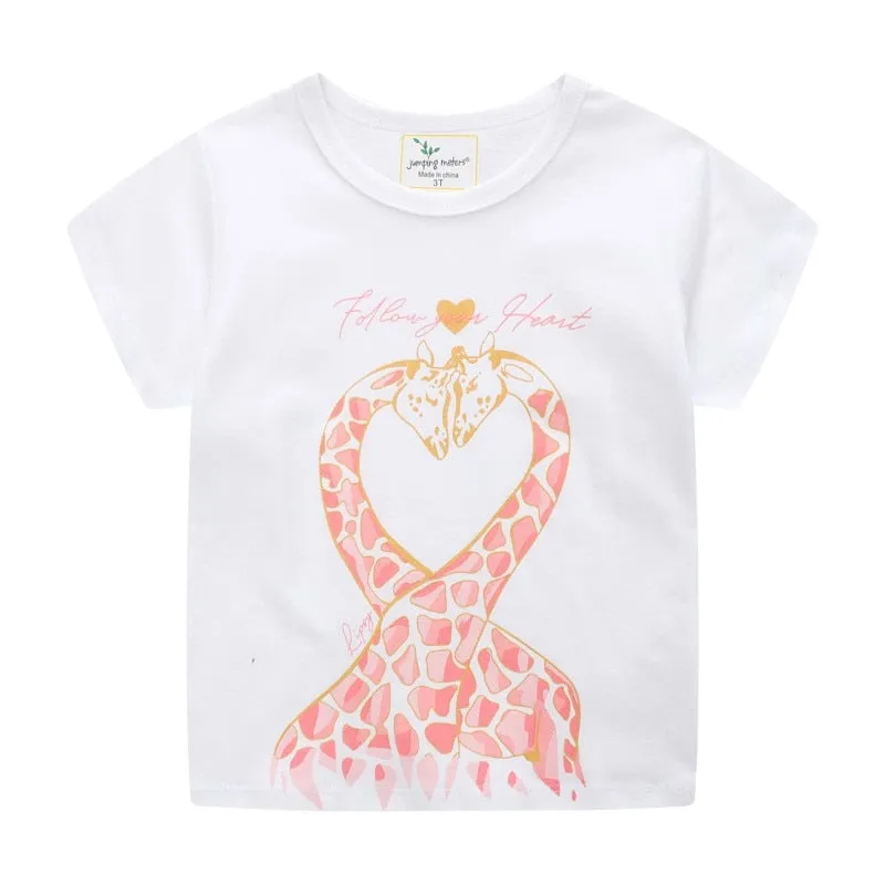 Girls Summer Animals Print Cotton T-shirt - White