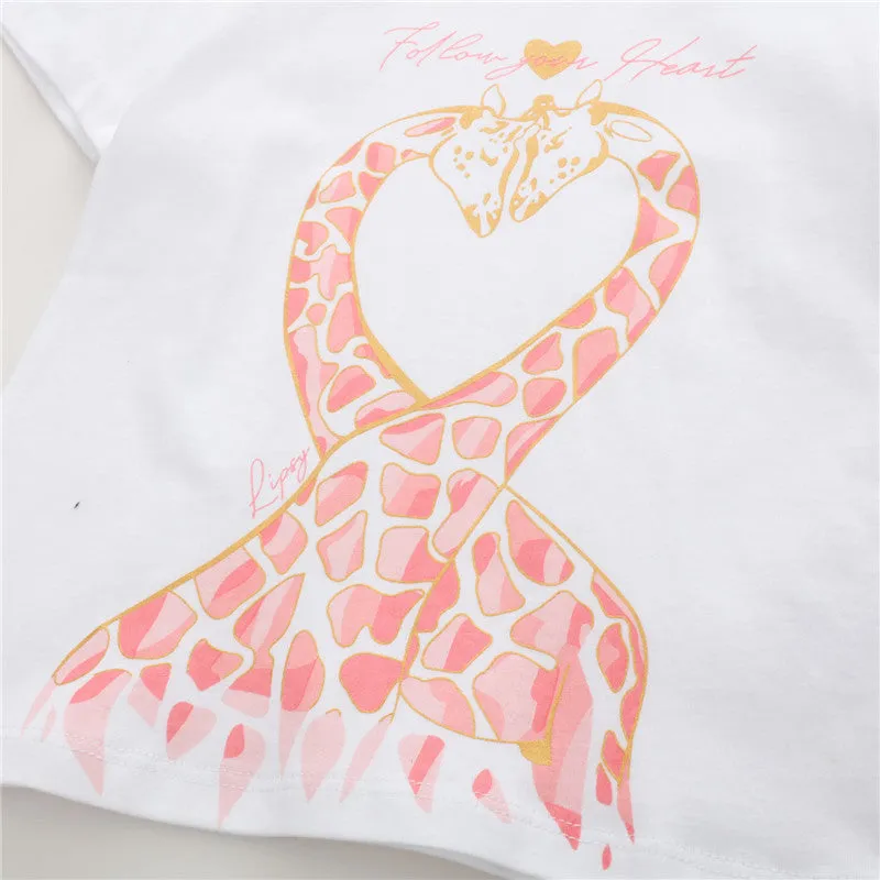 Girls Summer Animals Print Cotton T-shirt - White