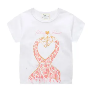 Girls Summer Animals Print Cotton T-shirt - White