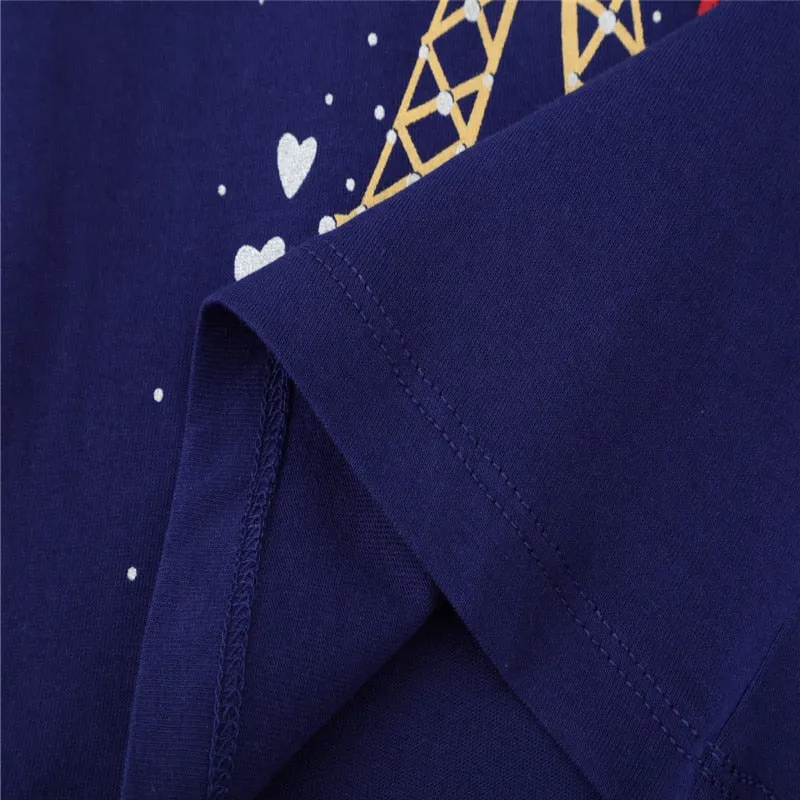 Girls The Eiffel Tower Print Long Sleeve Cotton Top - Navy Blue