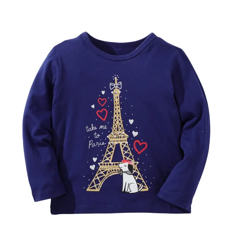 Girls The Eiffel Tower Print Long Sleeve Cotton Top - Navy Blue