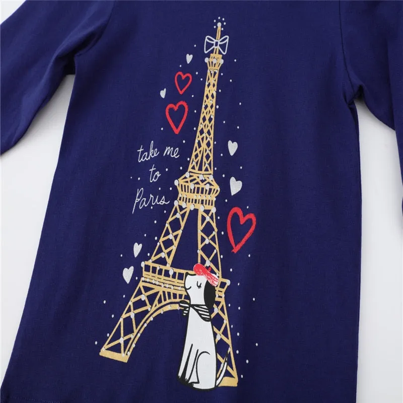 Girls The Eiffel Tower Print Long Sleeve Cotton Top - Navy Blue