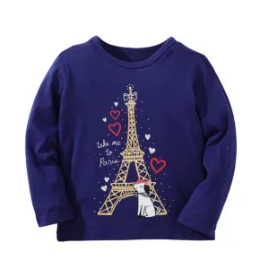 Girls The Eiffel Tower Print Long Sleeve Cotton Top - Navy Blue