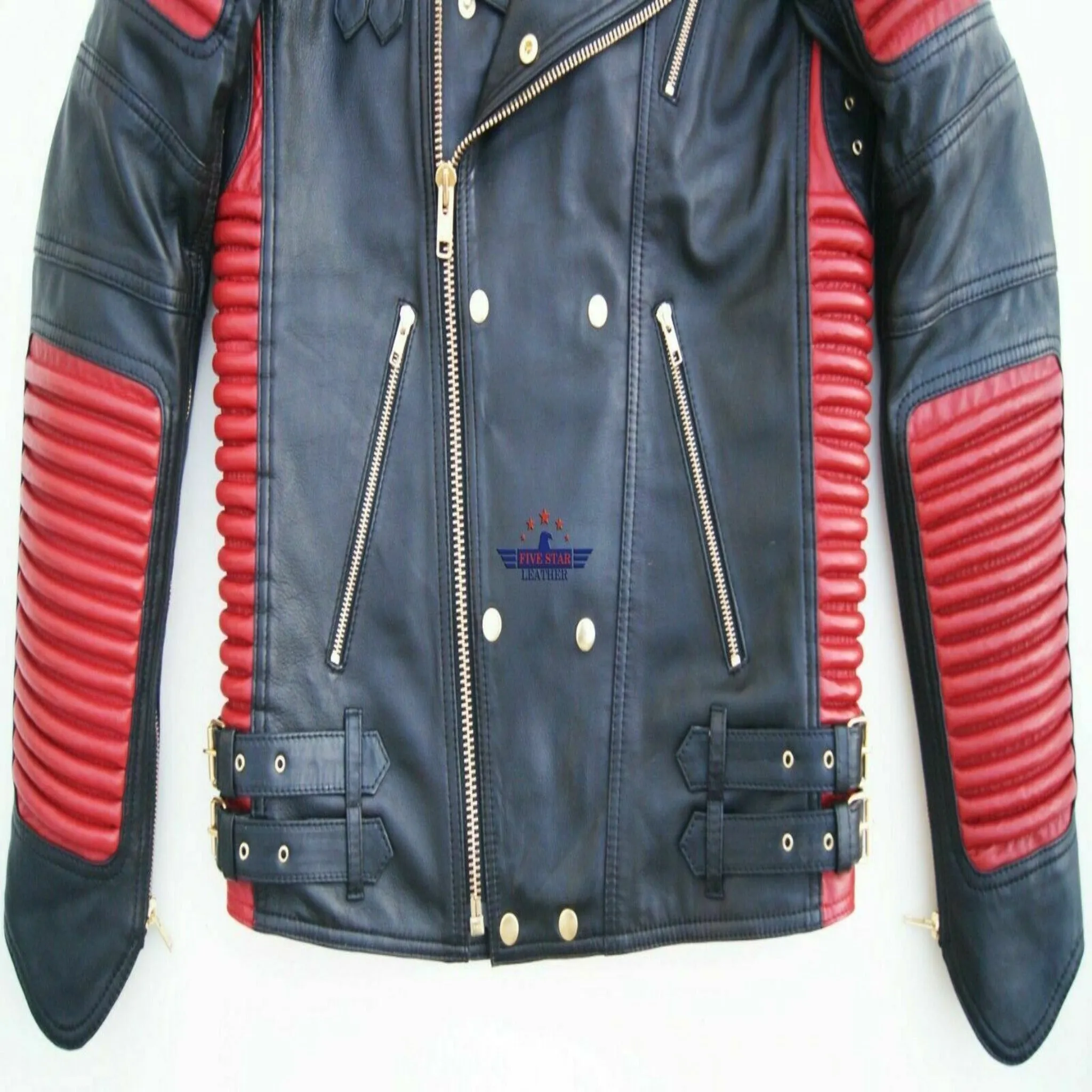 God Gift Men's Black and Red Motor Biker Real Leather Jacket SPEED Golden Zipper