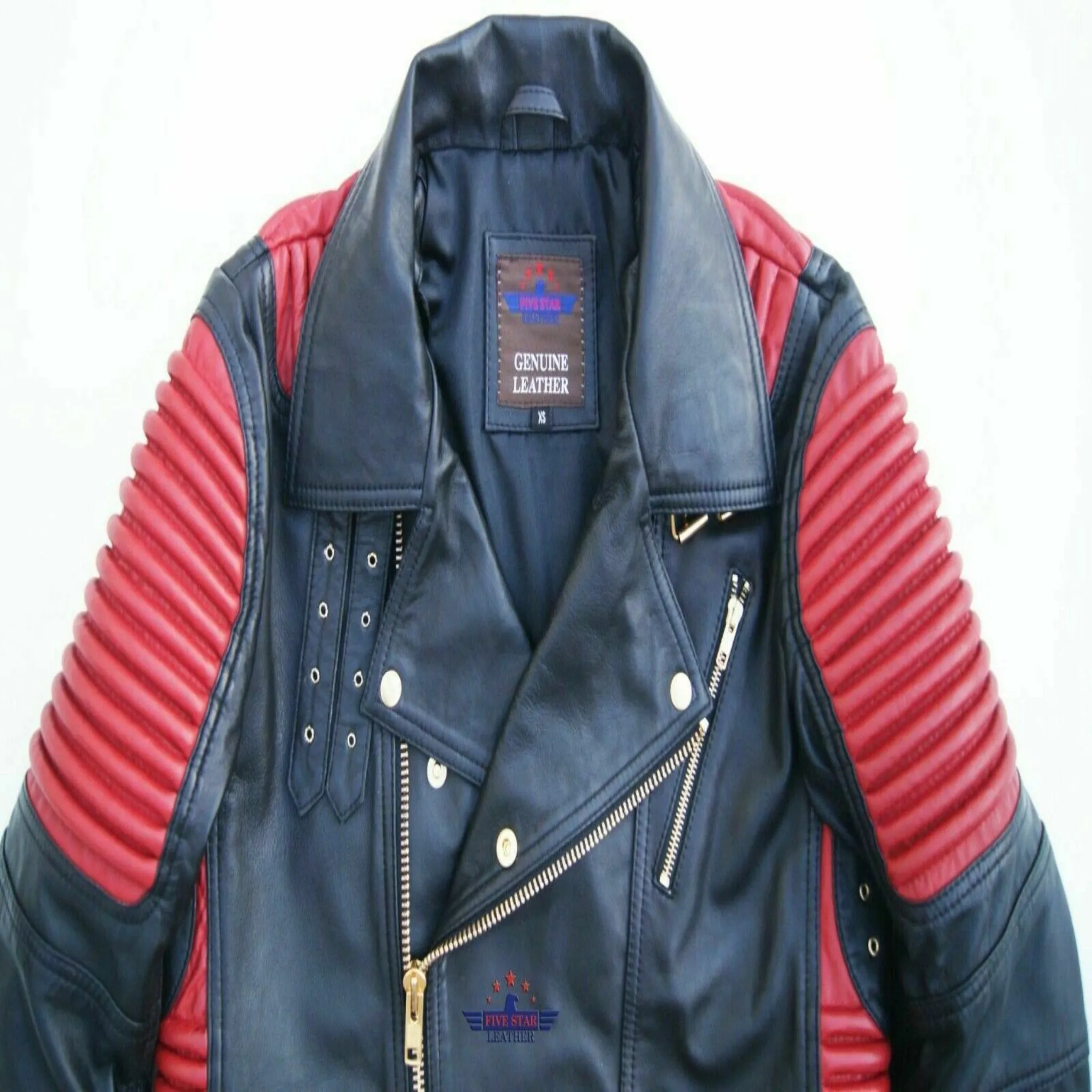 God Gift Men's Black and Red Motor Biker Real Leather Jacket SPEED Golden Zipper