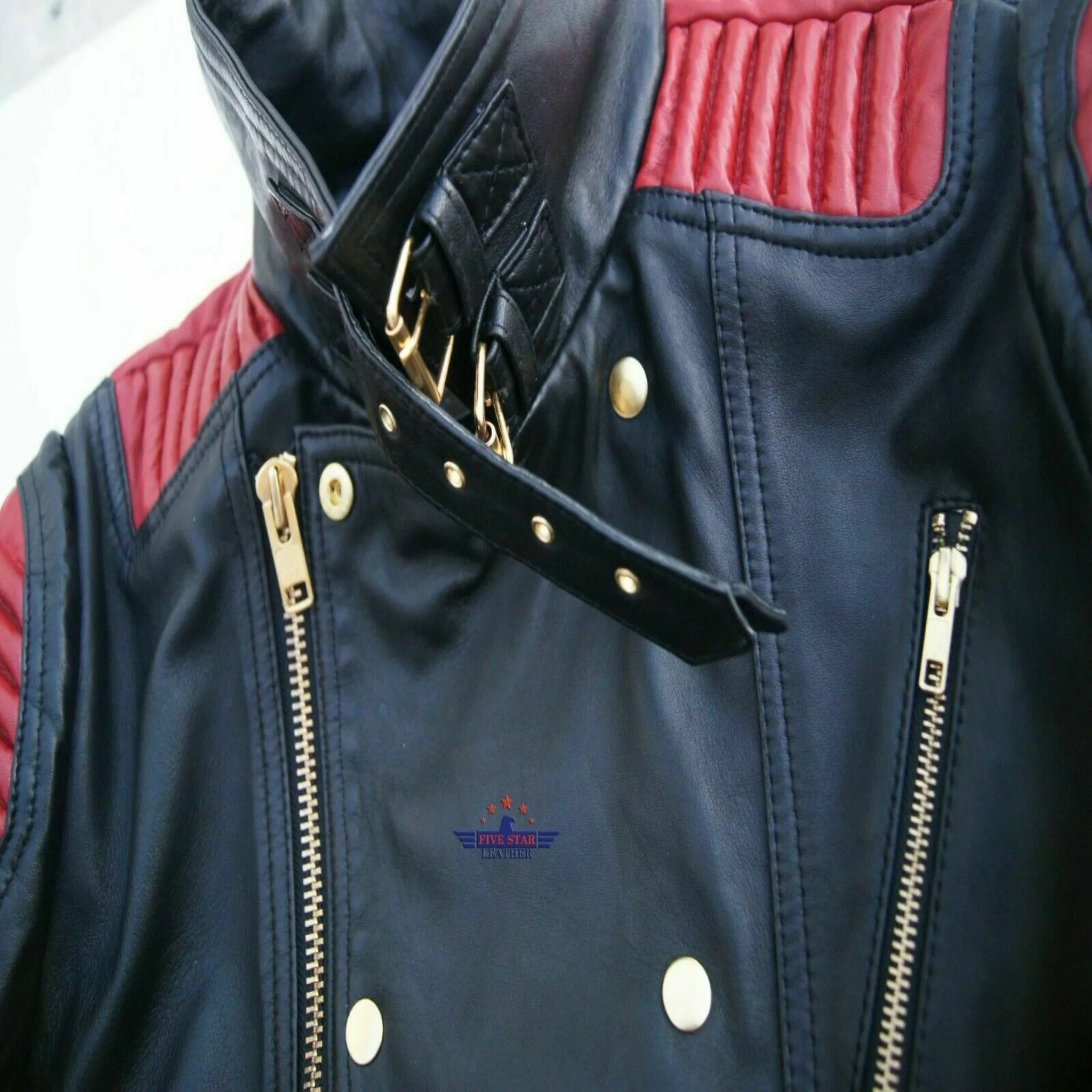 God Gift Men's Black and Red Motor Biker Real Leather Jacket SPEED Golden Zipper
