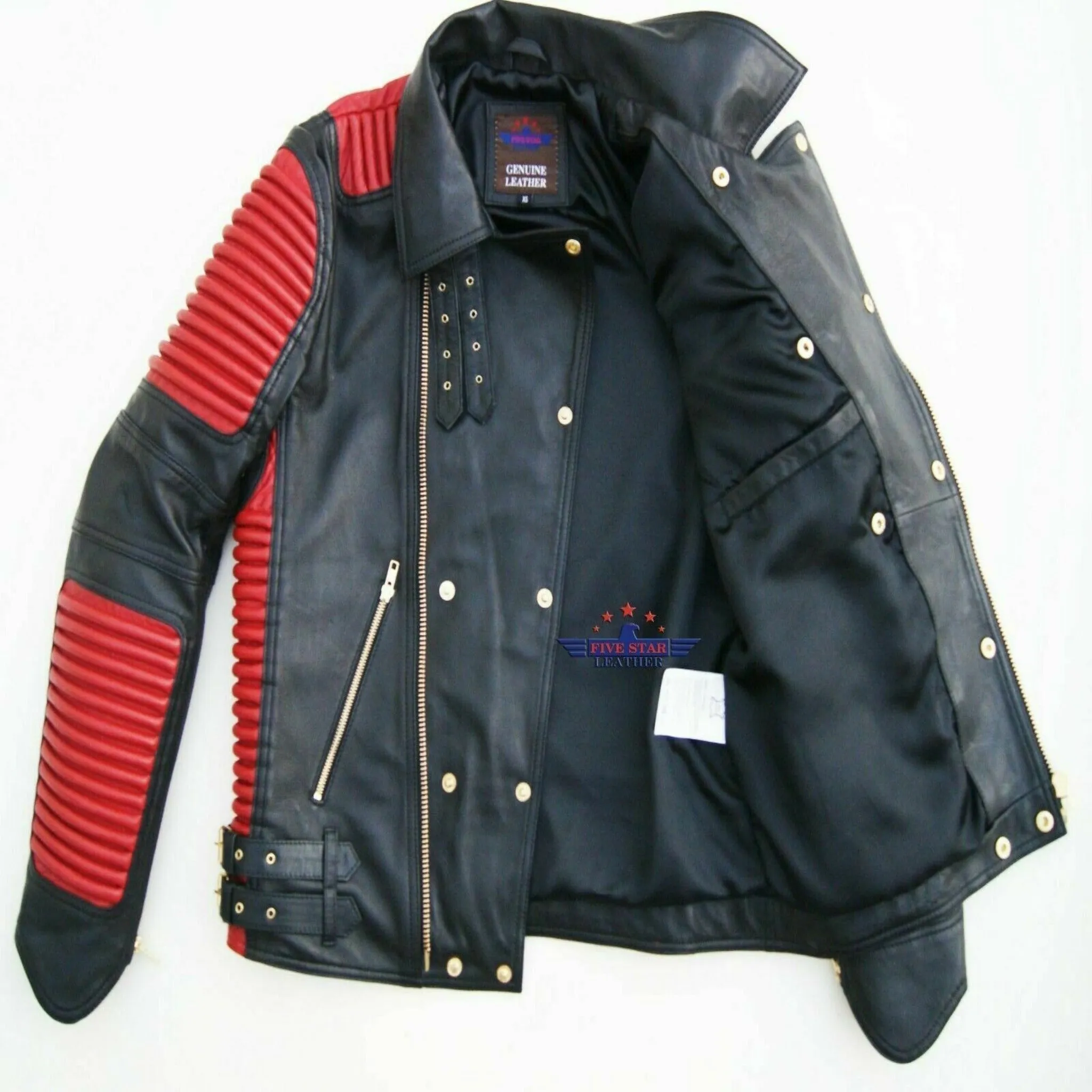 God Gift Men's Black and Red Motor Biker Real Leather Jacket SPEED Golden Zipper