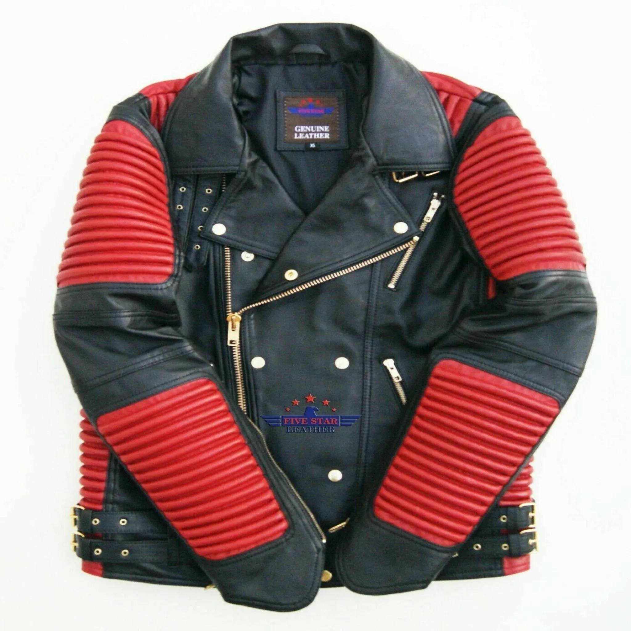 God Gift Men's Black and Red Motor Biker Real Leather Jacket SPEED Golden Zipper