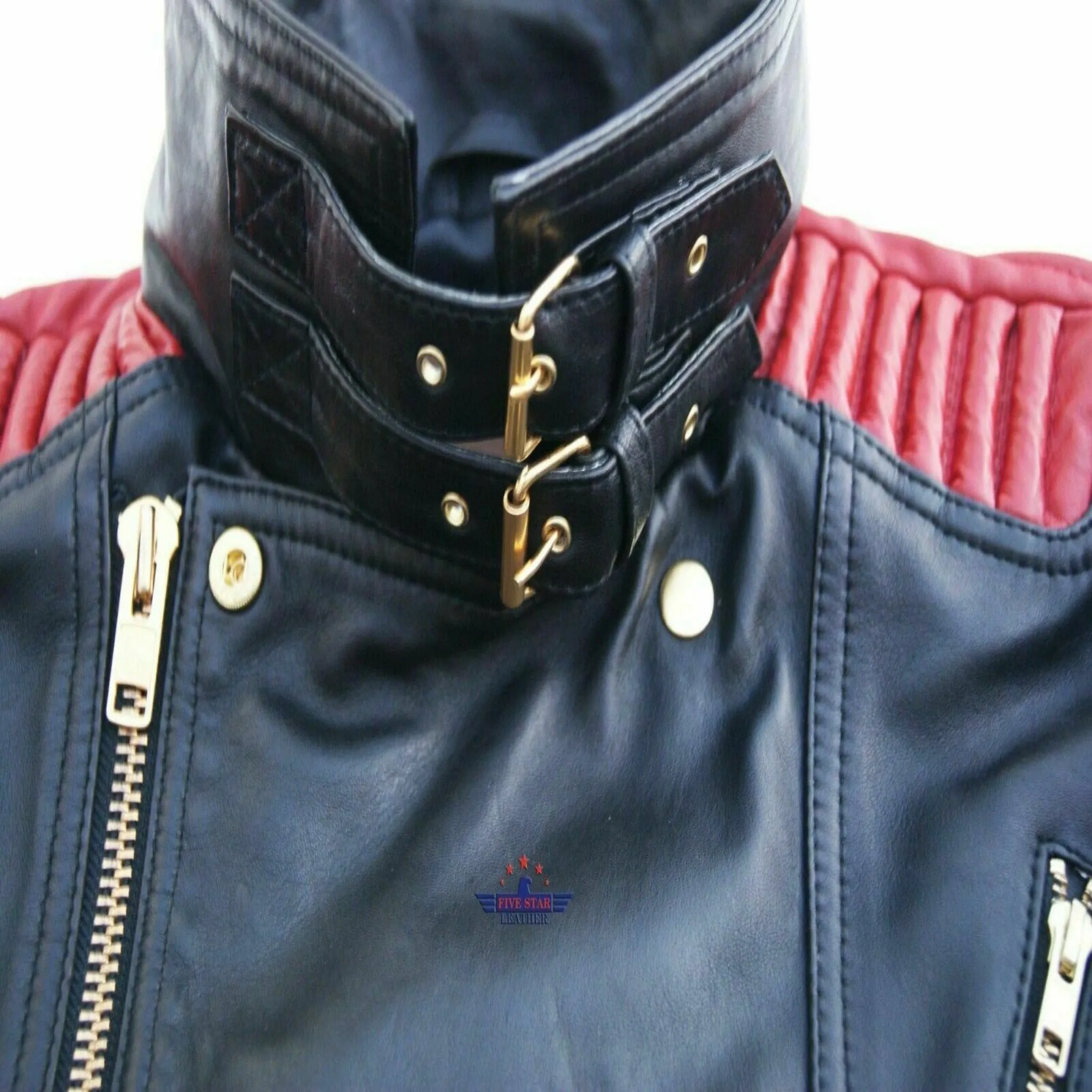 God Gift Men's Black and Red Motor Biker Real Leather Jacket SPEED Golden Zipper