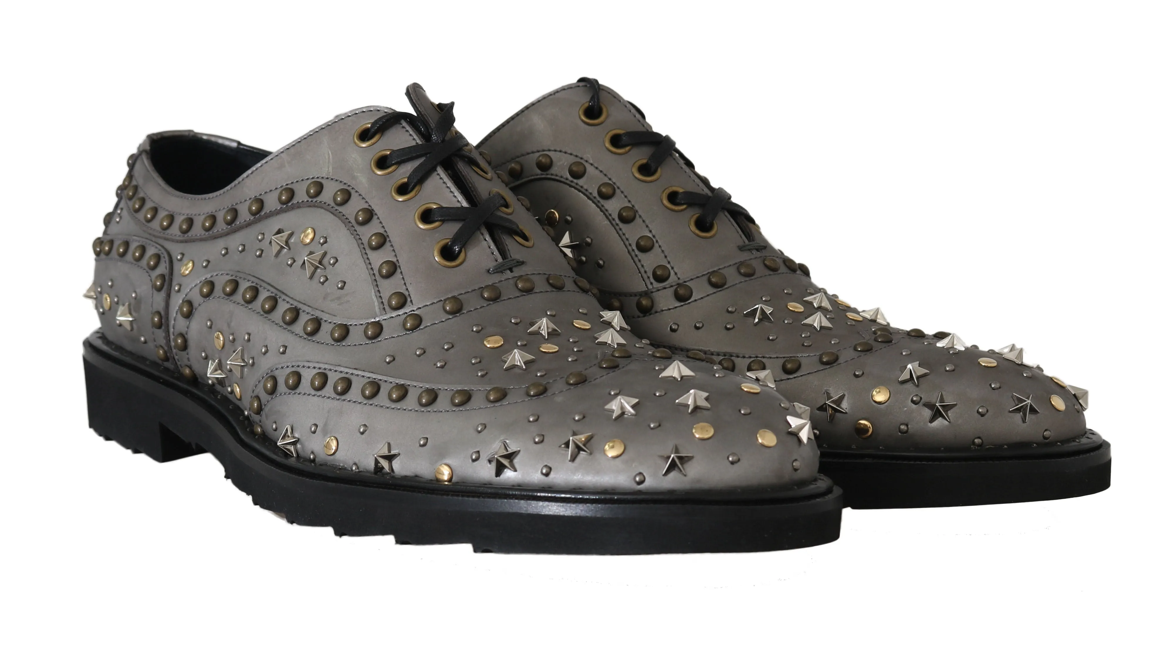 Gray Leather Laceups Wing Tip Studded Shoes