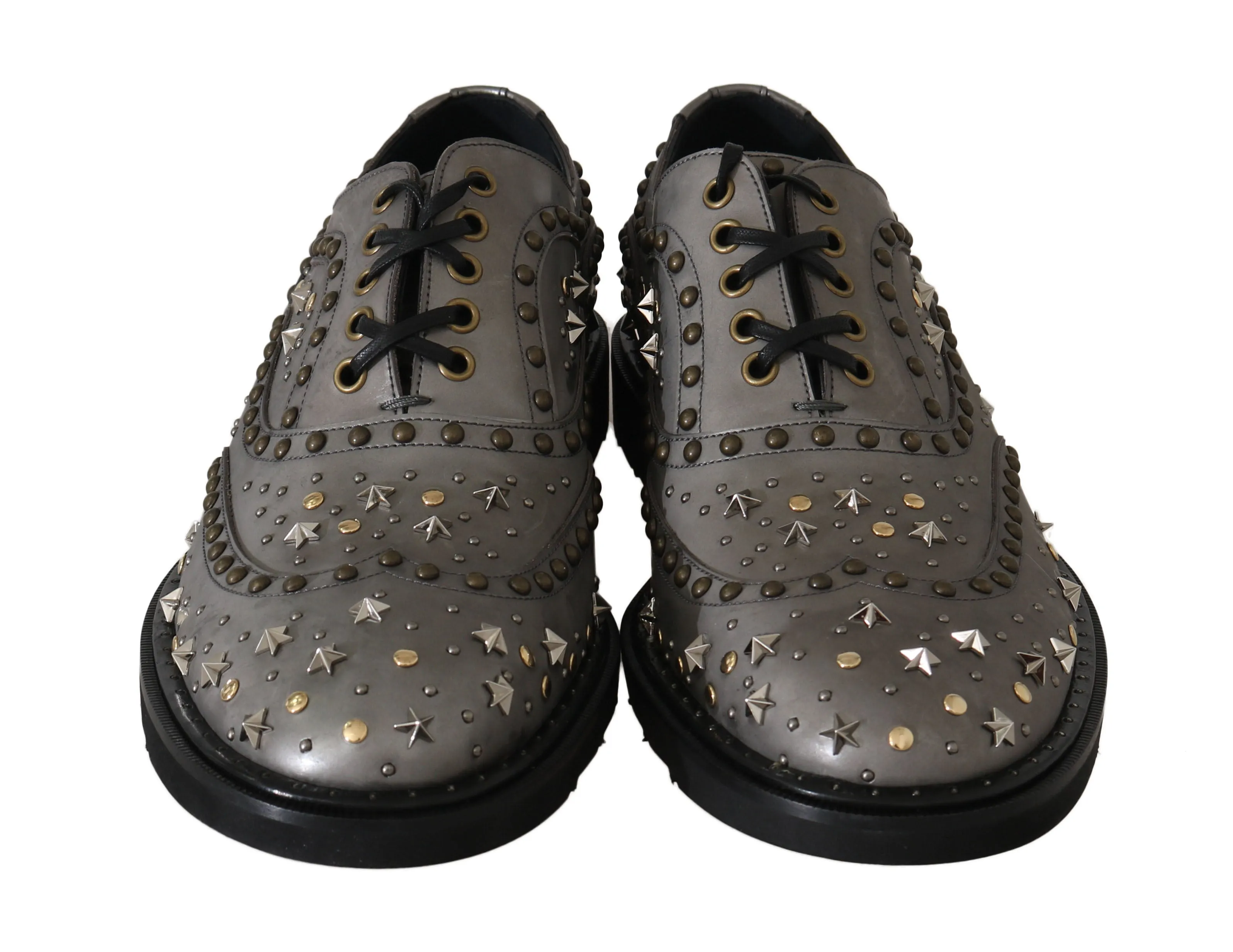 Gray Leather Laceups Wing Tip Studded Shoes