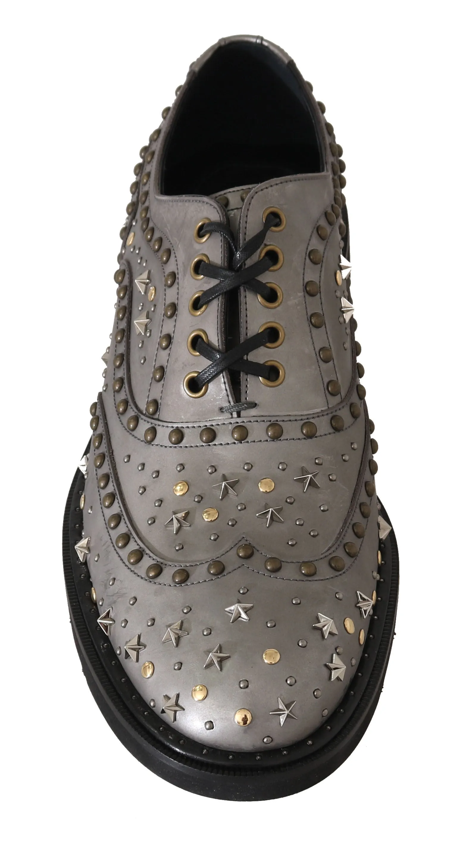 Gray Leather Laceups Wing Tip Studded Shoes