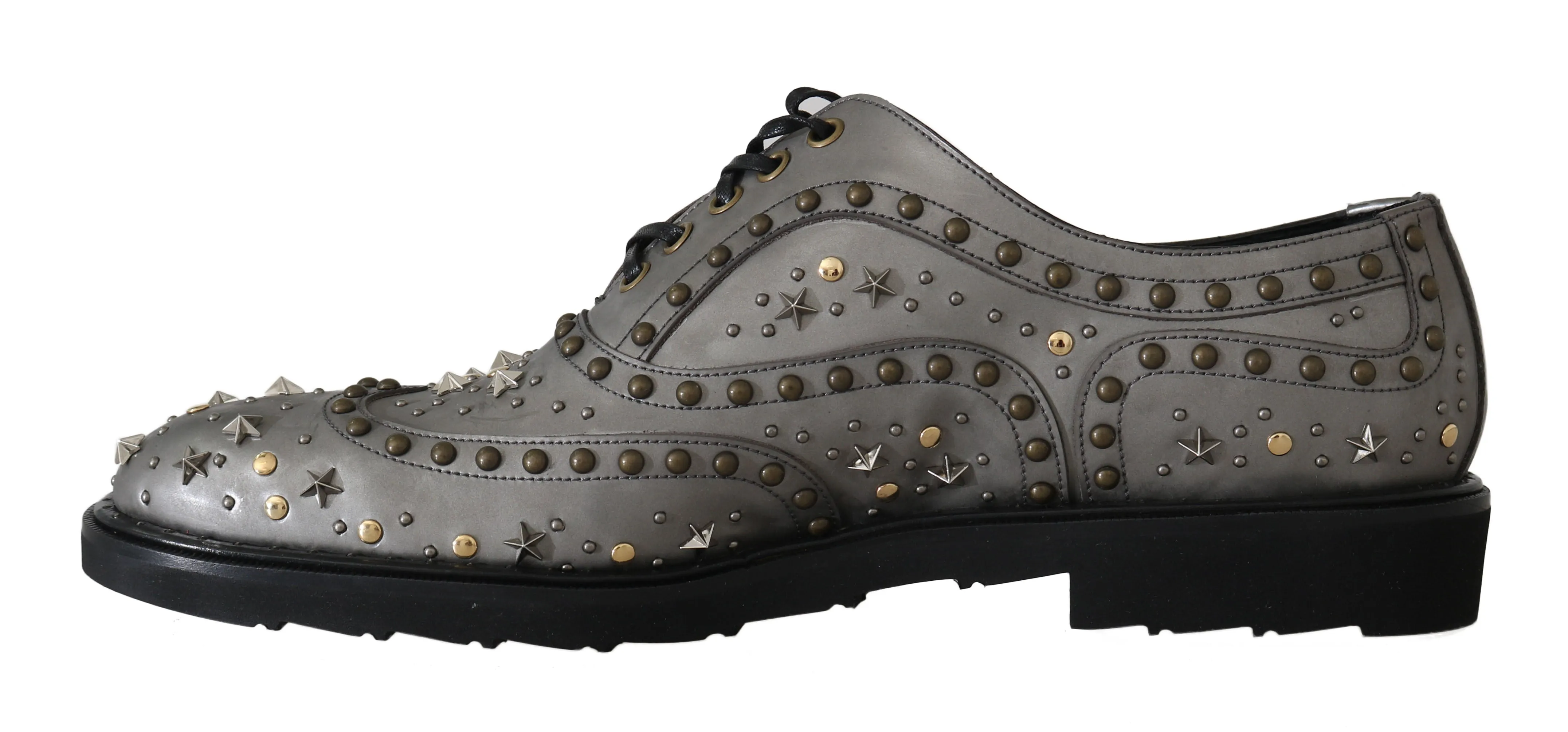 Gray Leather Laceups Wing Tip Studded Shoes
