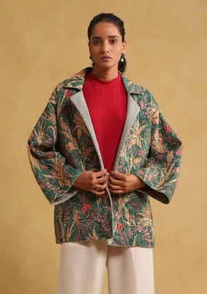Green botanical print quilted jacket
