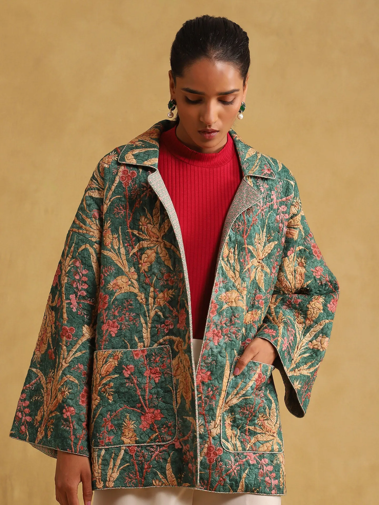 Green botanical print quilted jacket