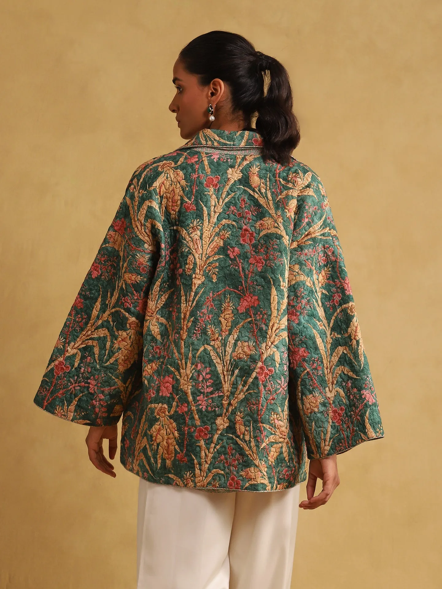 Green botanical print quilted jacket