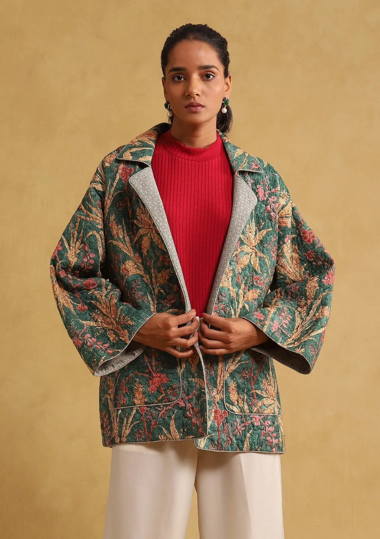Green botanical print quilted jacket