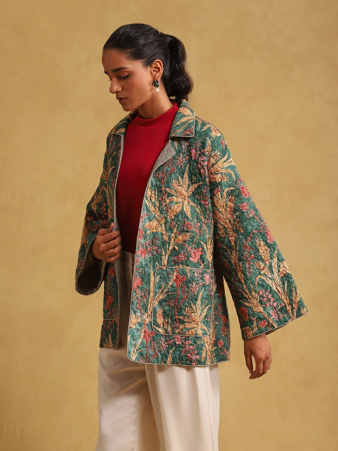 Green botanical print quilted jacket