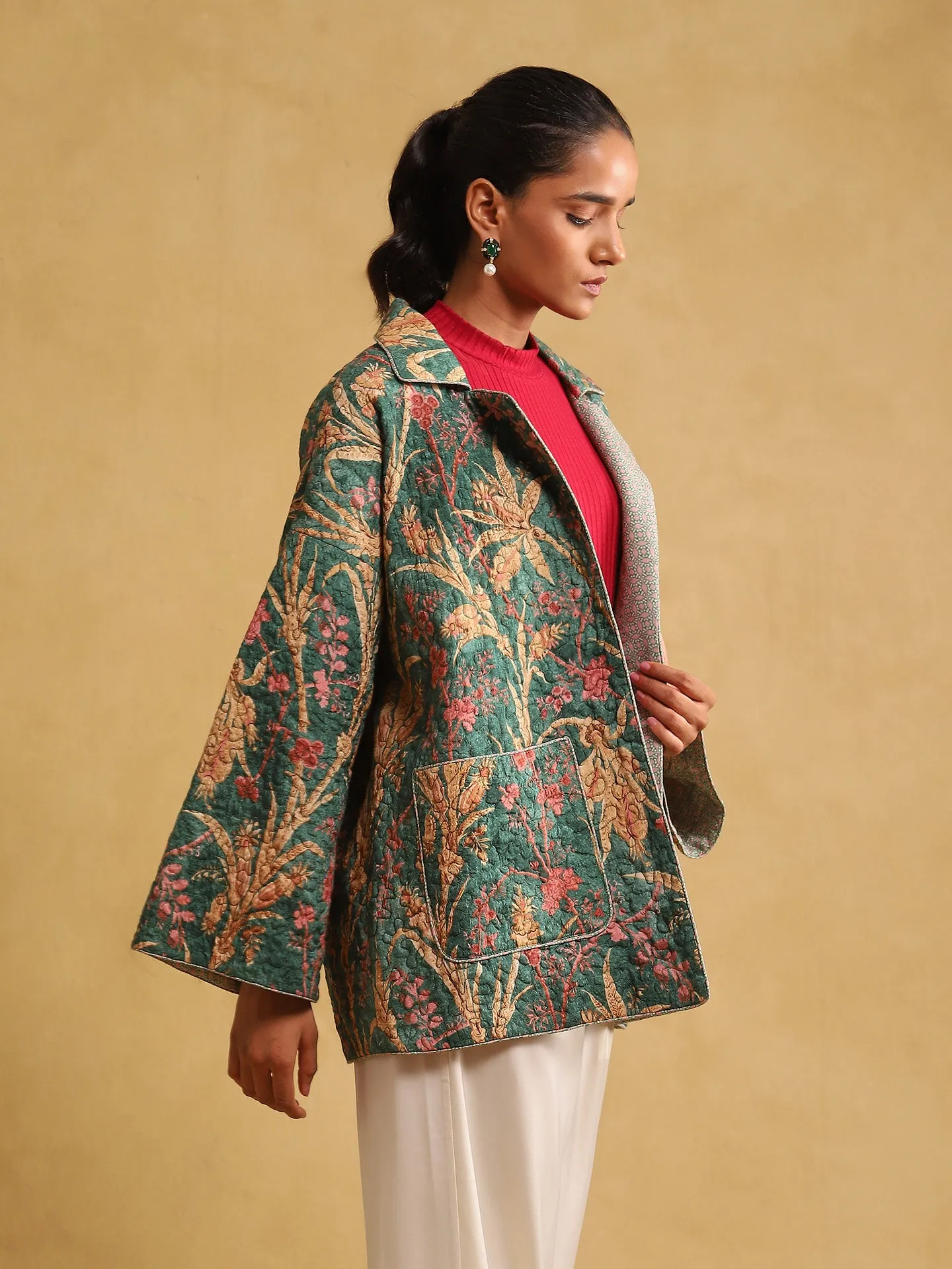 Green botanical print quilted jacket