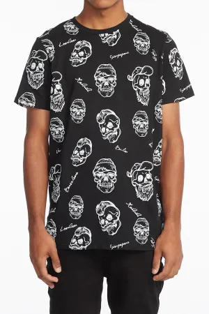 Guys Black Curved Hem Skull Graphic Tee