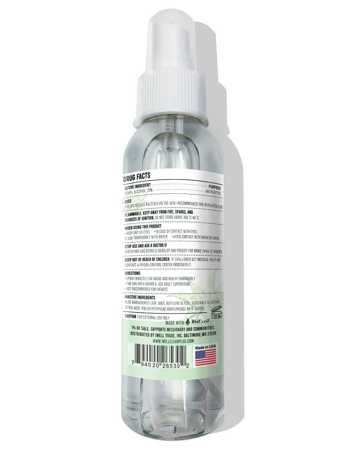 HAND SANITIZER SPRAY 70% ALCOHOL - ALOE VERA 4oz [WELLCLEAN ]