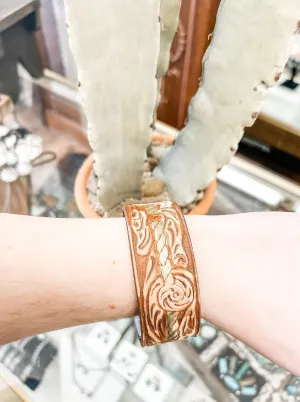Hand Tooled Leather Strap Bracelet - Green & Tan Filigree