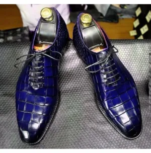 Handmade Blue Lace-Up Shoes for Men with Crocodile Pattern
