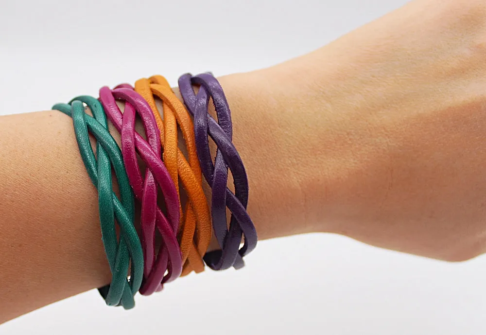 Handmade Genuine Leather Slim Colorful Woven Bracelet (12 pack/ $4 ea.)
