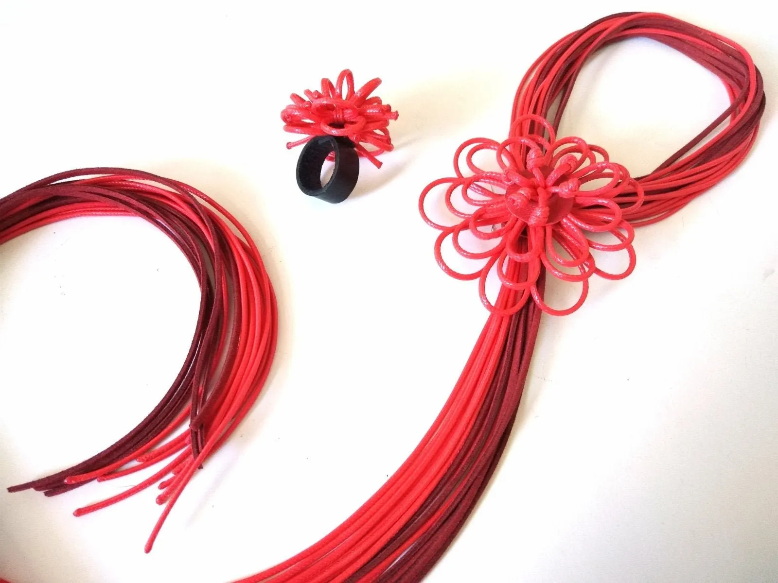 Handmade Long Leather Necklace/ Extravagant Flower Necklace in Red