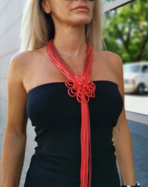 Handmade Long Leather Necklace/ Extravagant Flower Necklace in Red