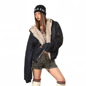 Heavy Washed Denim Fur-Lined Parka