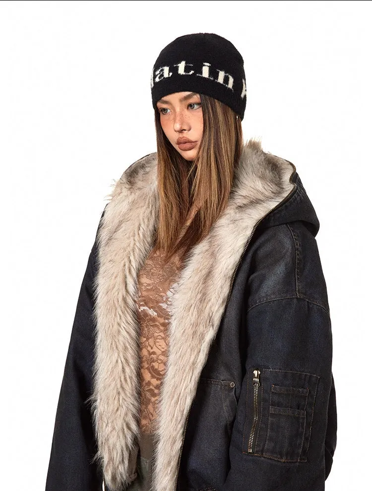 Heavy Washed Denim Fur-Lined Parka