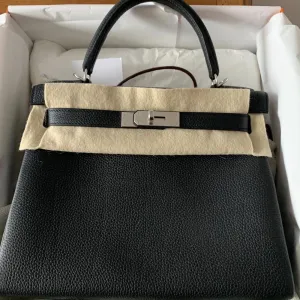 Hermès Kelly 28 Noir (Black) Togo Palladium Hardware PHW