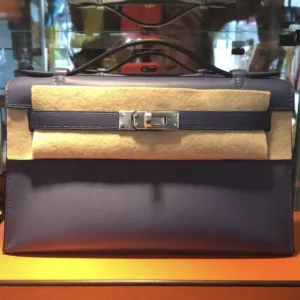 Hermès Kelly Pochette Bleu Brighton Swift Palladium Hardware PHW