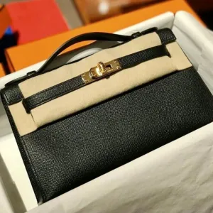 Hermès Kelly Pochette Noir (Black) Epsom Gold Hardware GHW
