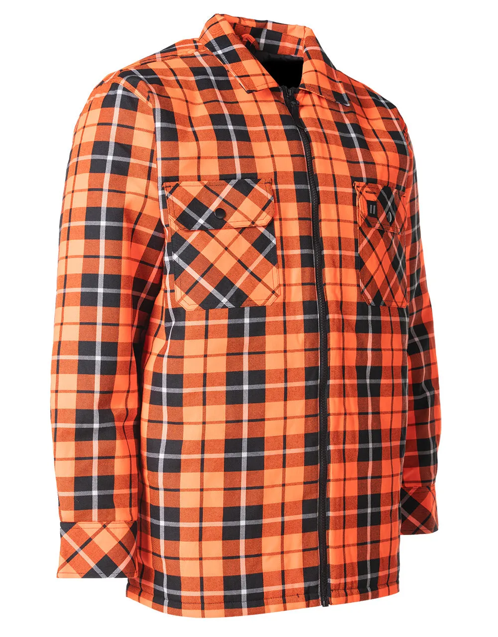 Hi Vis Orange Tartan Plaid Quilted Flannel Shirt Jacket with Front Zip