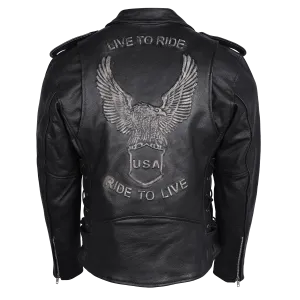 HMM525 Men's Eagle Embossed Live To Ride - Ride To Live Classic Black Leather Motorcycle Biker Jacket