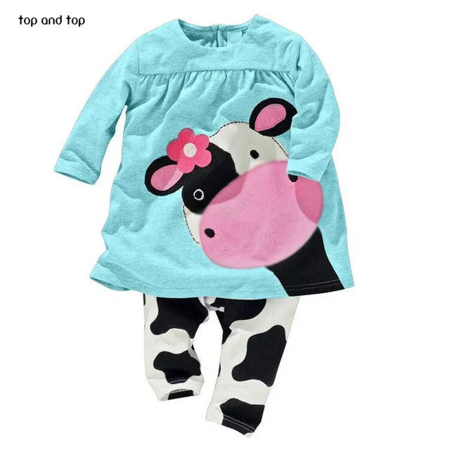 Hot sale spring autumn baby girl clothes casual long-sleeved T-shirt Pants suit Tracksuit the cow suit of the girls