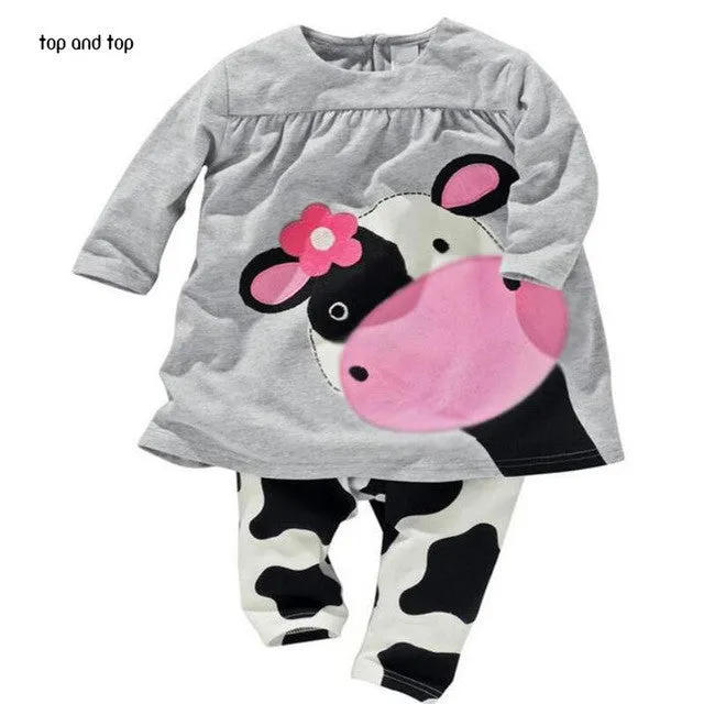 Hot sale spring autumn baby girl clothes casual long-sleeved T-shirt Pants suit Tracksuit the cow suit of the girls