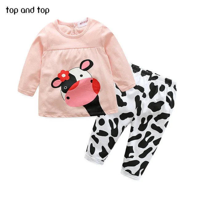 Hot sale spring autumn baby girl clothes casual long-sleeved T-shirt Pants suit Tracksuit the cow suit of the girls