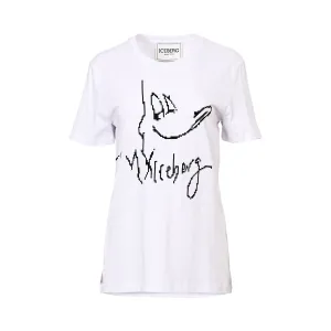 Iceberg Women's White Crew Neck T-Shirt with Cartoon Character and Signature Graphic