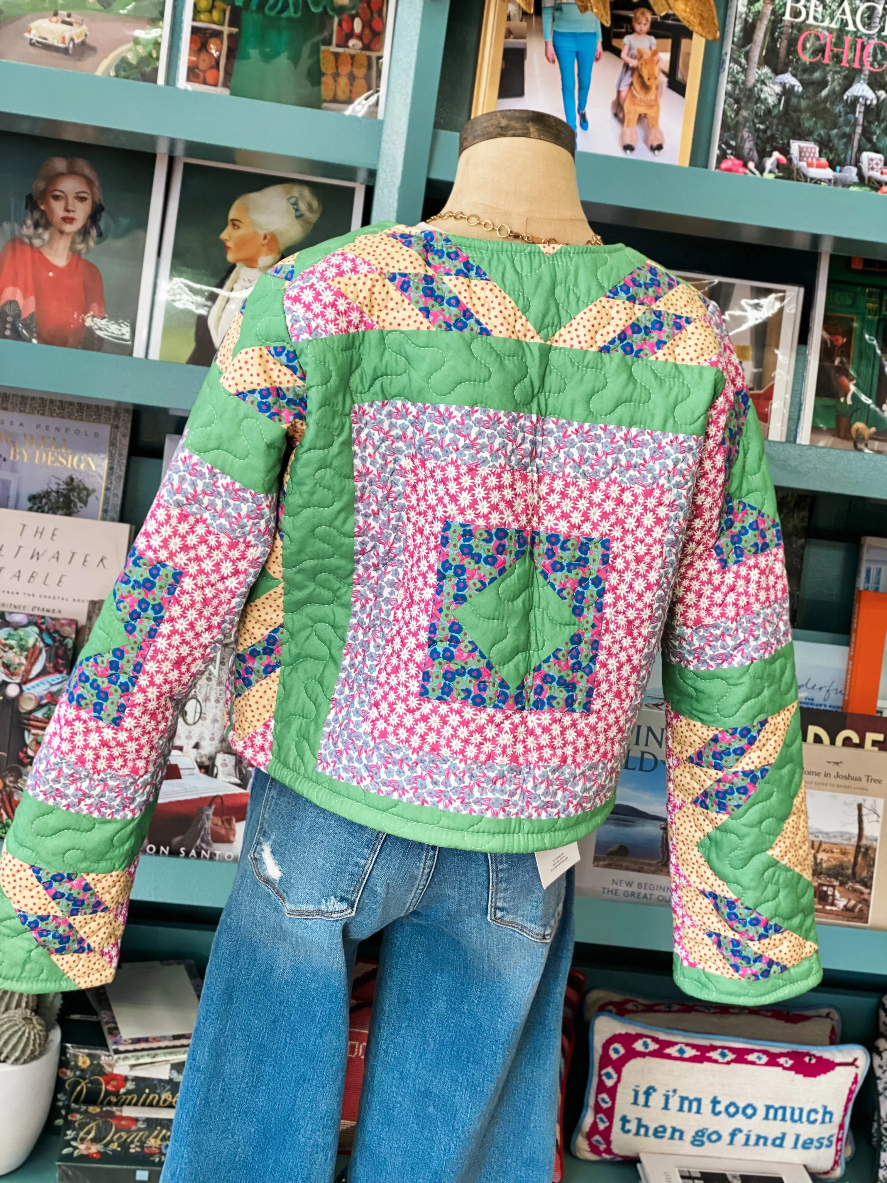 Ida Mae Adeline Patchwork Green Quilted Cropped Jacket