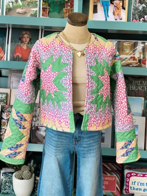 Ida Mae Adeline Patchwork Green Quilted Cropped Jacket