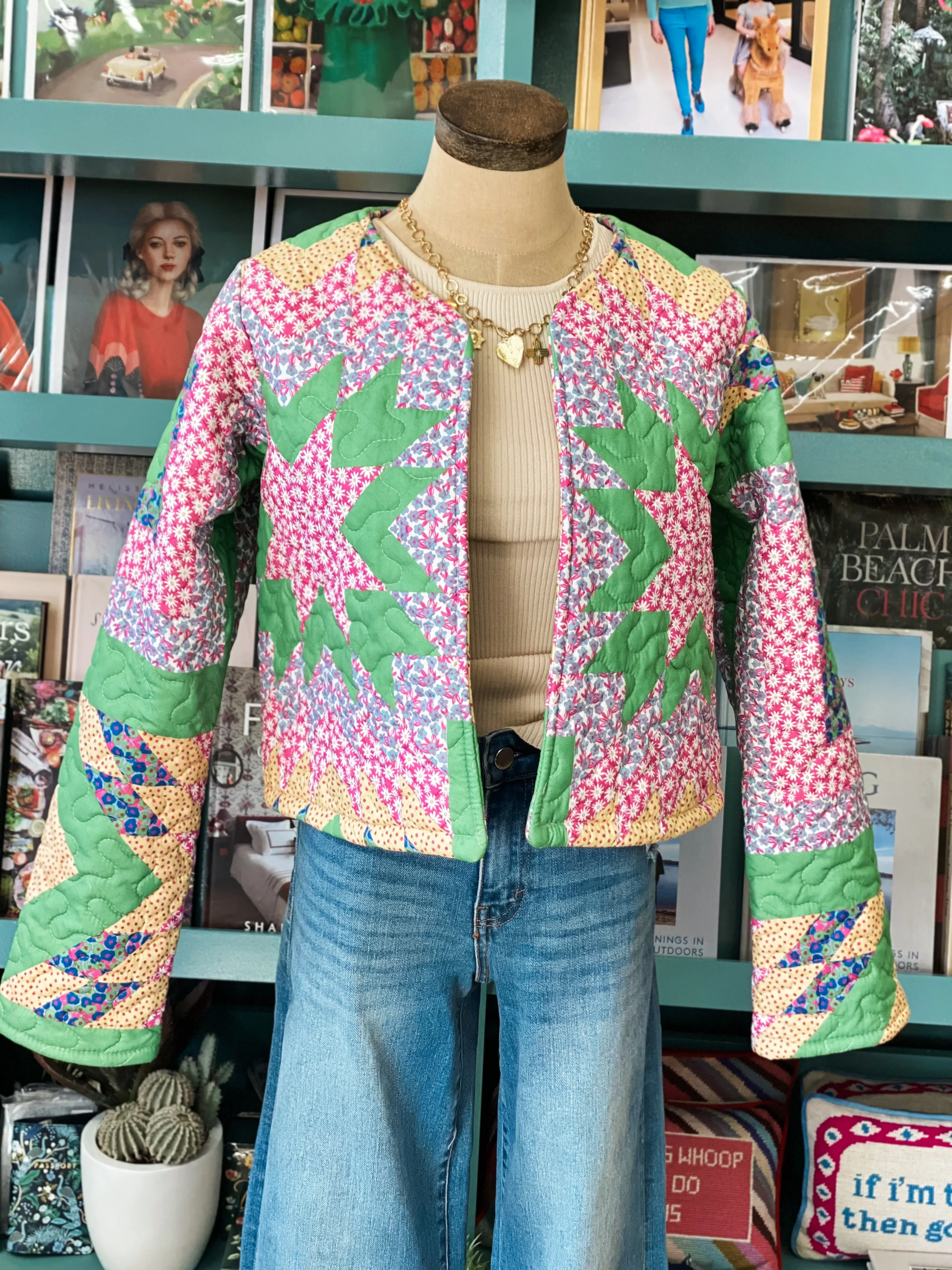 Ida Mae Adeline Patchwork Green Quilted Cropped Jacket