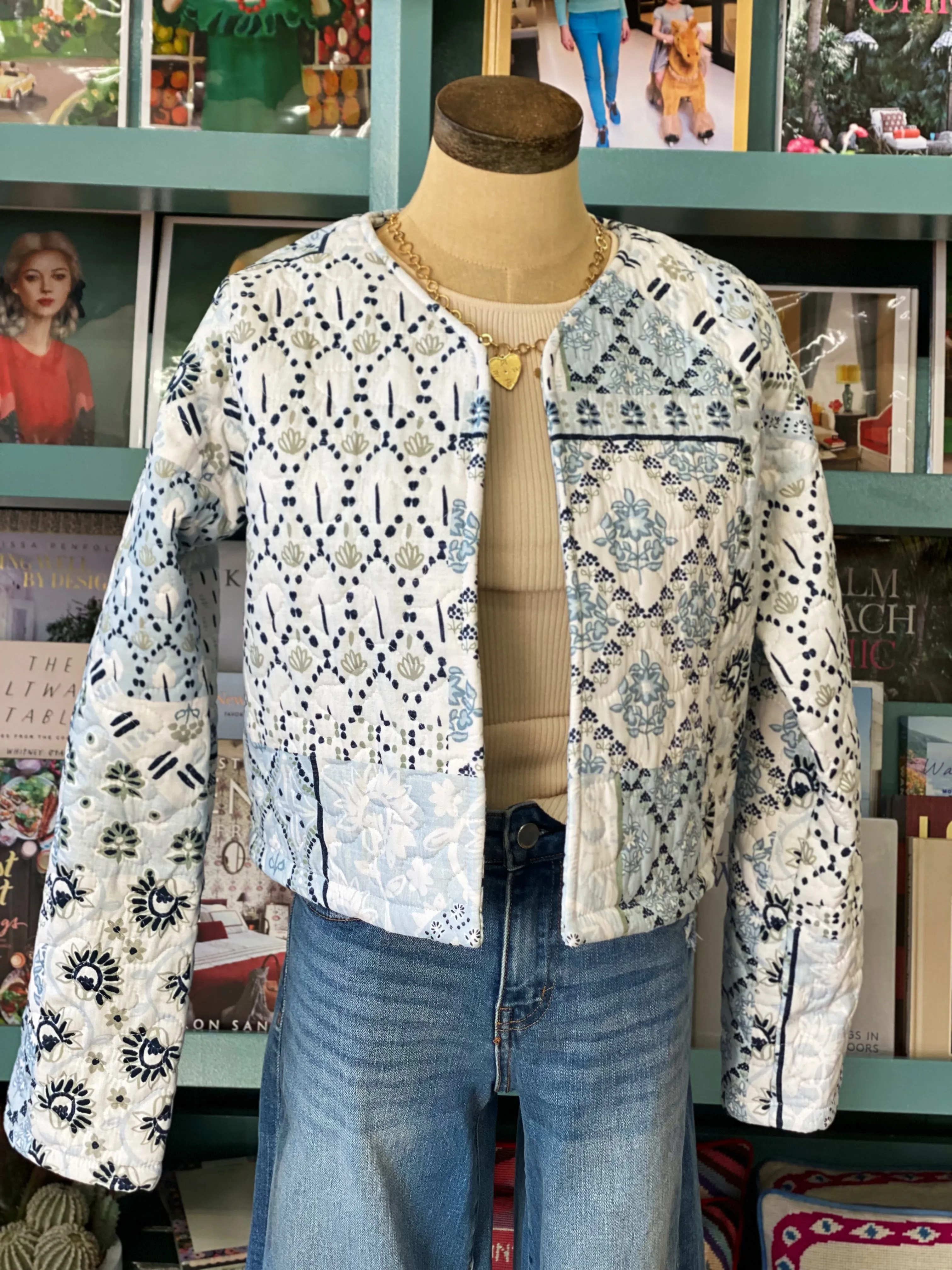 Ida Mae Laramie Patchwork Blue Quilted Cropped Jacket